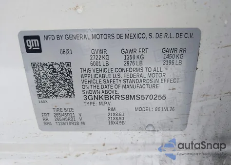 2021 Chevrolet Blazer Awd Rs из США, поврежденный, VIN 3GNKBKRS8MS570255